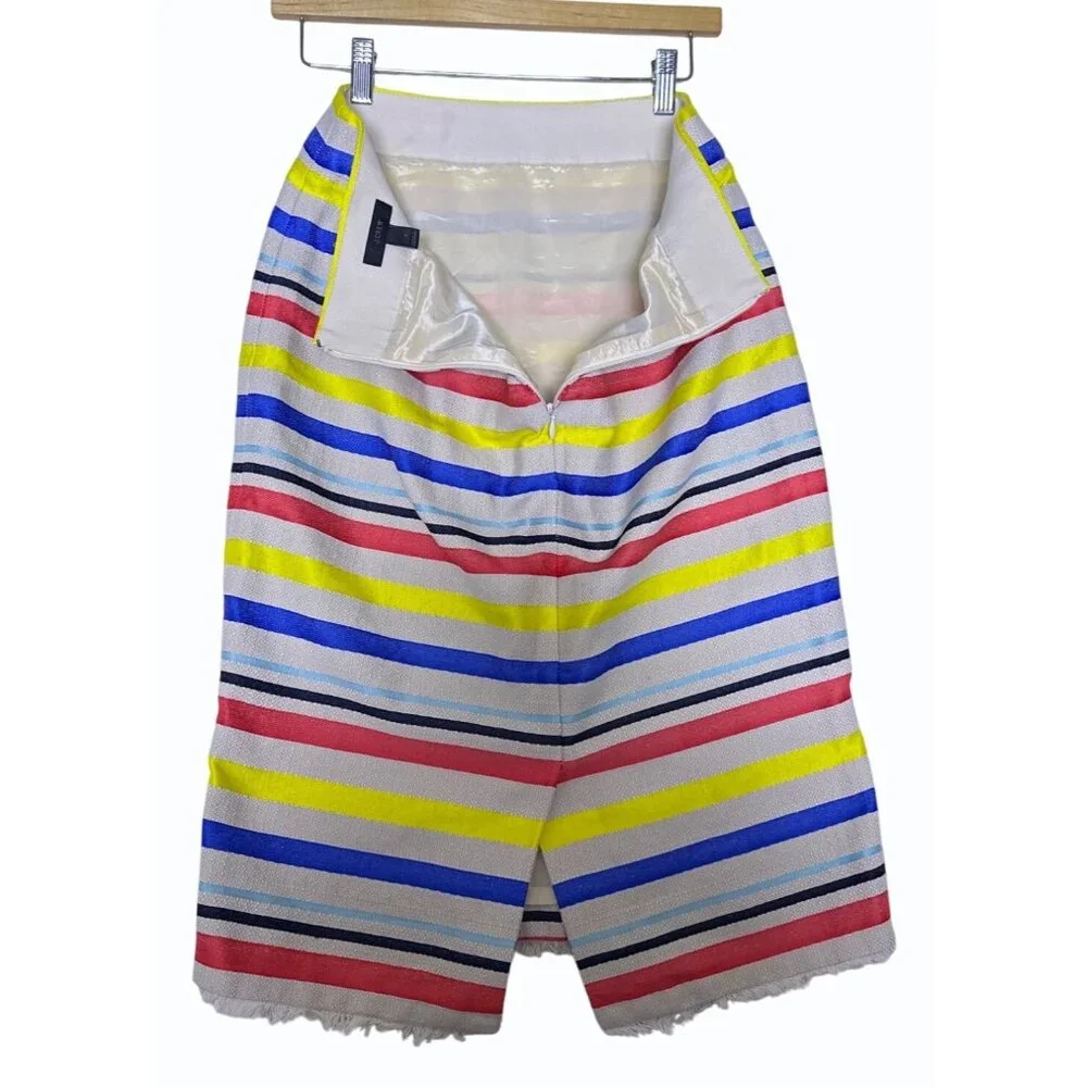 J‎ Crew Striped Cotton Pencil Skirt With Fringe Hem Size 4 Preppy Primary Colors